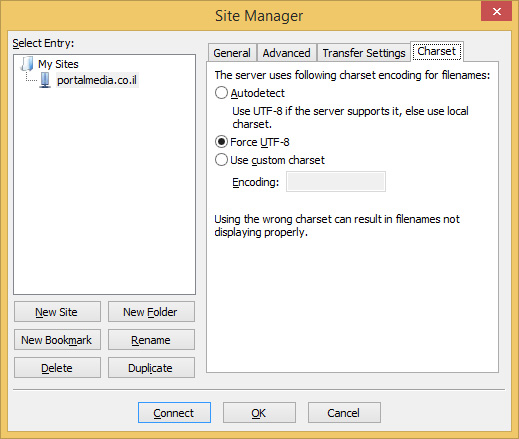 קידוד UTF-8 בתוכנת FileZilla