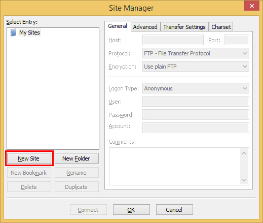 מנהל האתרים של FileZilla