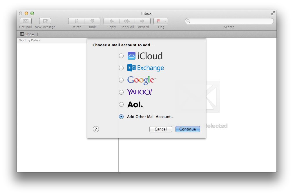 הוספת חשבון דואר חדש ב - Mac OS X