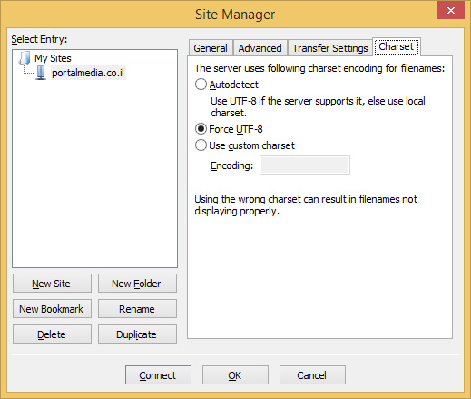 קידוד UTF-8 בתוכנת FileZilla